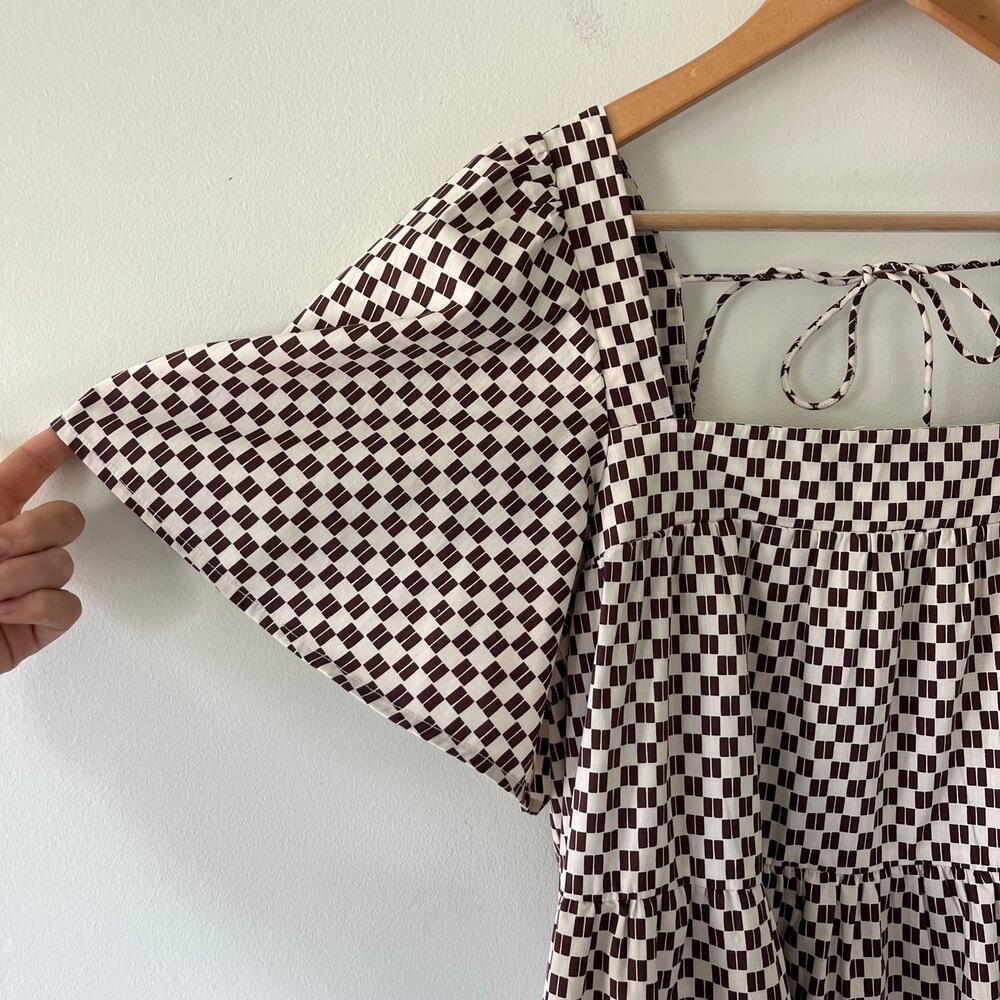 Abercrombie & Fitch Angel Sleeve Trapeze Mini Dress Brown Checkered Size Medium - Picture 11 of 14